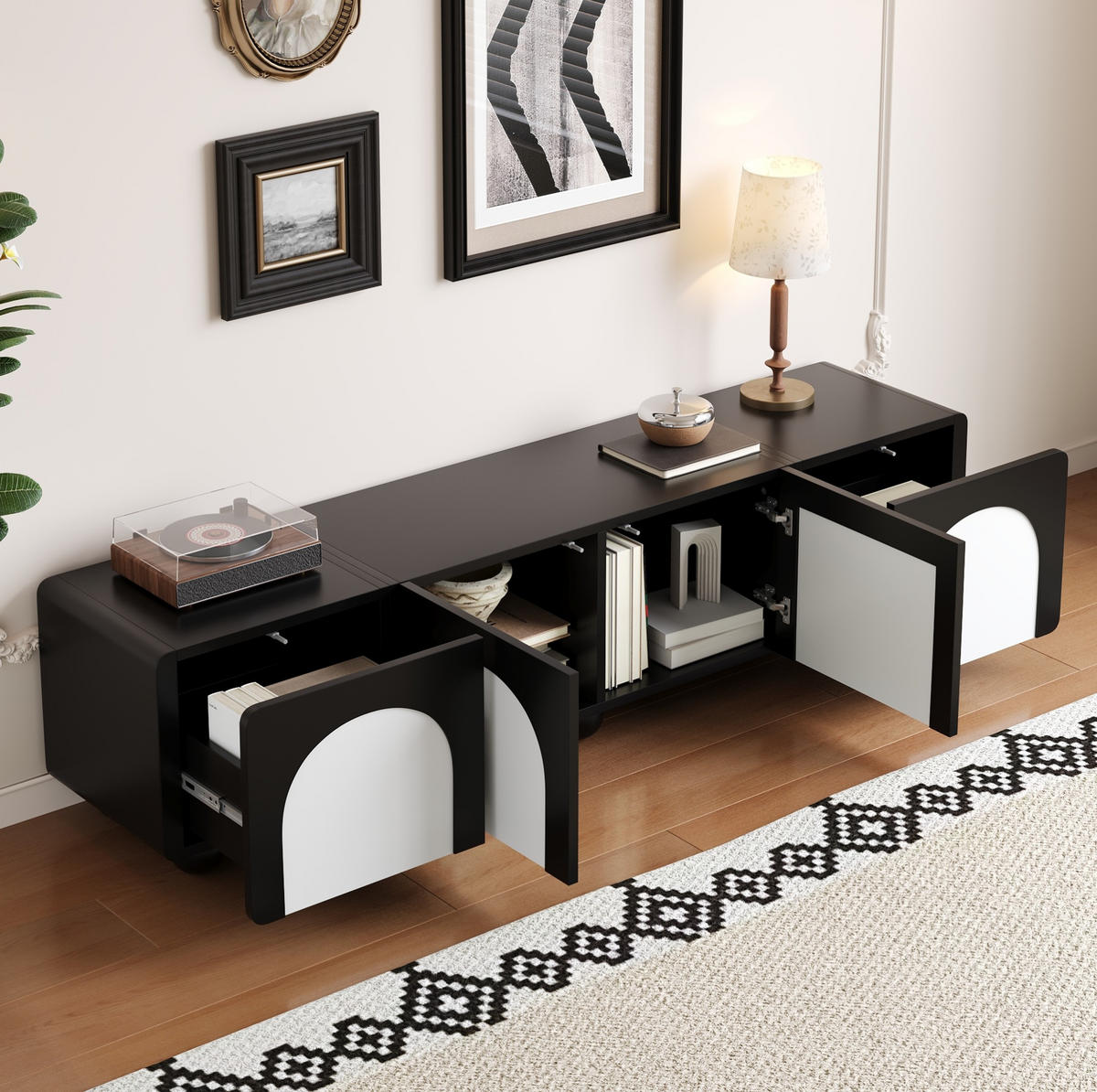 LOWBOARD 180/38/45 cm aus MDF und Holzwerkstoff mit Kabelmanagement Schwarz/Weiß - Schwarz, Holzwerkstoff (180/45/38cm) - Modenvie