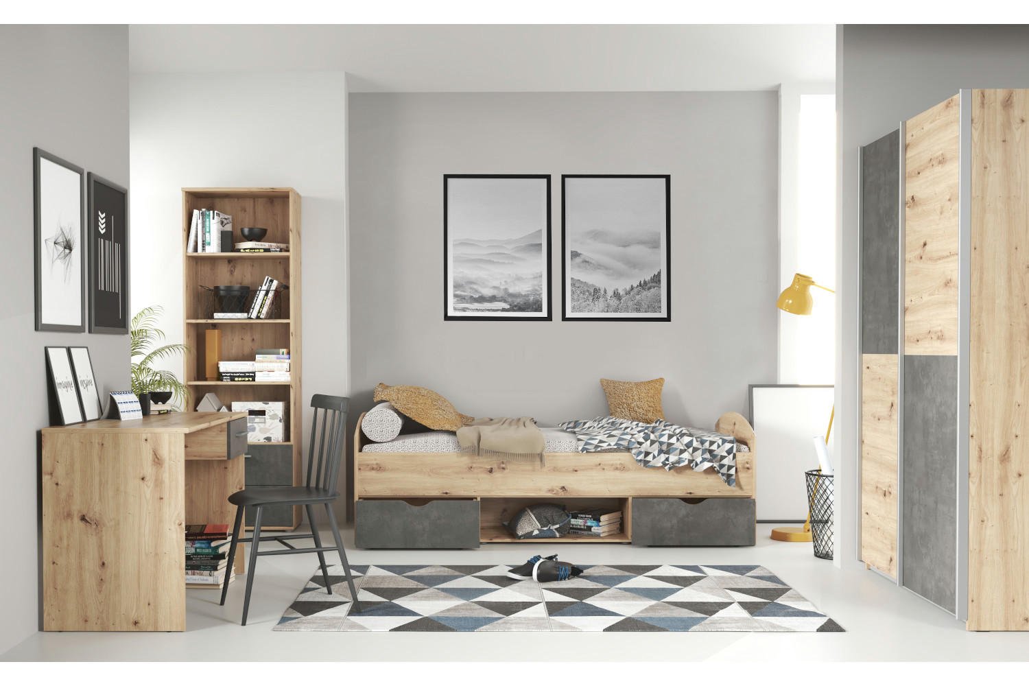 JUGENDZIMMER Lupo in Artisan Oak und Dark Grey 7 teilig - Braun, Holzwerkstoff (120/200/80cm)