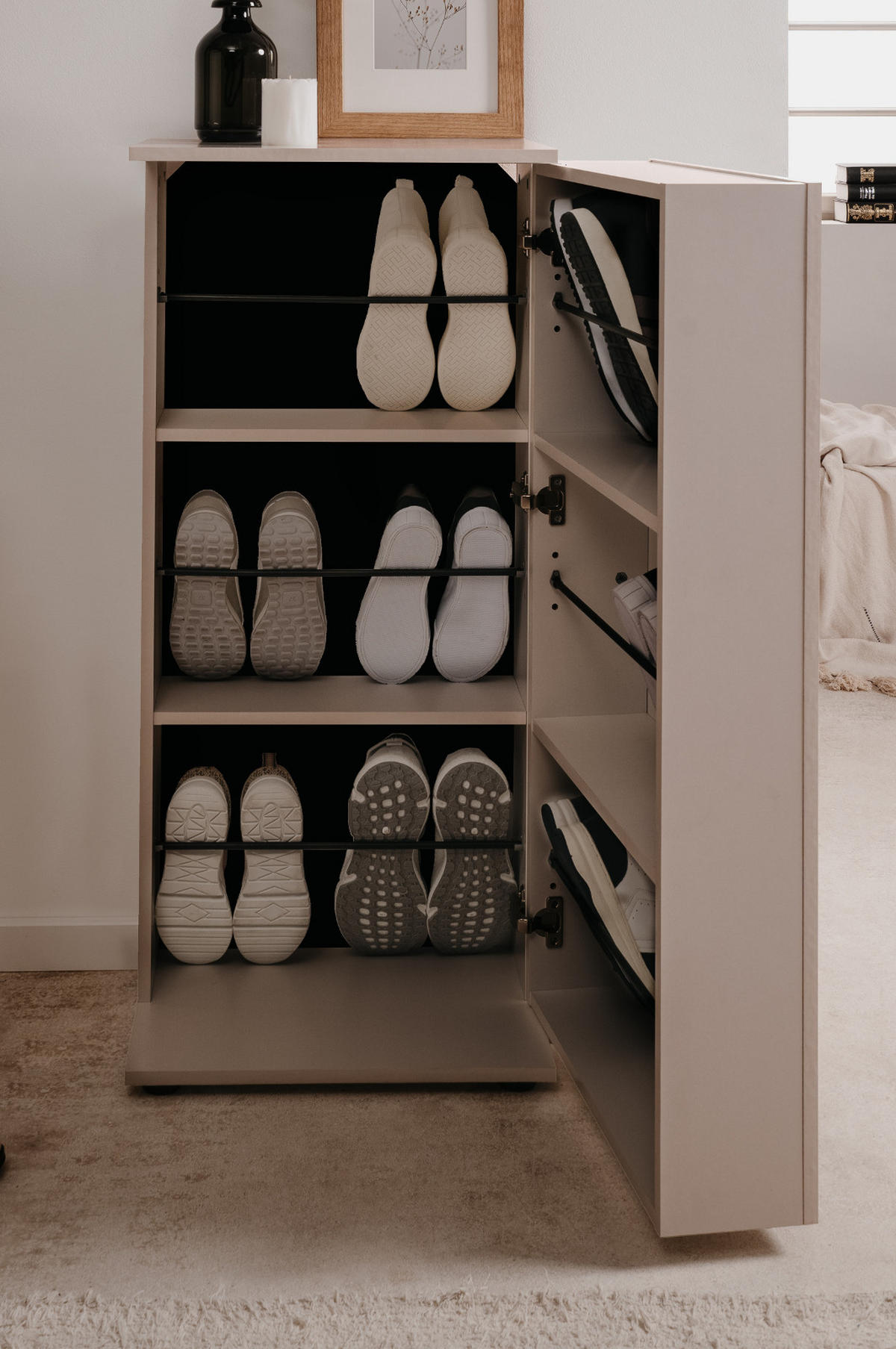 SCHUHSCHRANK samtfarben 50 cm, Schuhkommode aufklappbar mit 6 Fächern - Beige/Schwarz, Holzwerkstoff/Kunststoff (50/110/34cm) - Furn.Design