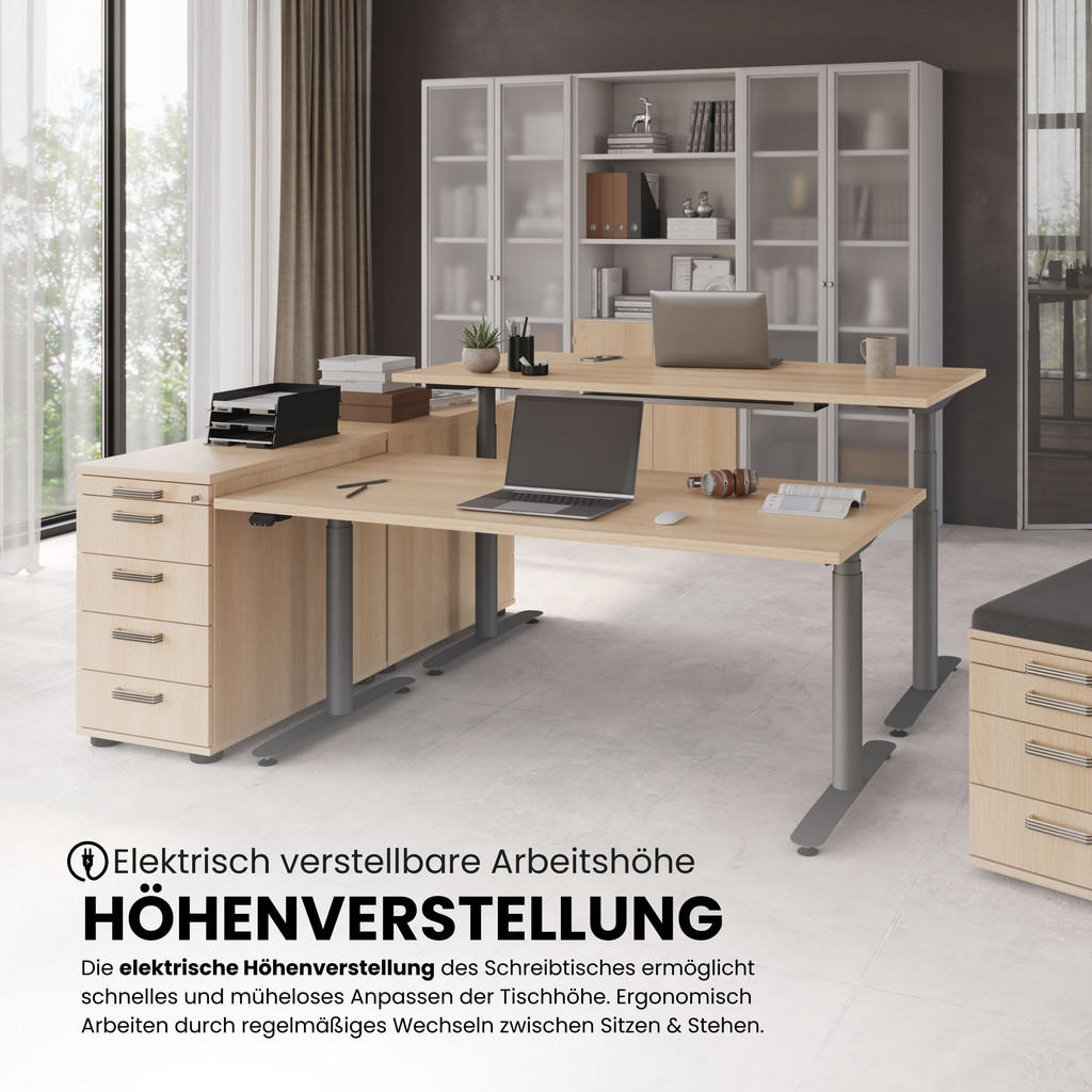 Thumbnail - bümö Schreibtisch, Wildeiche, Graphit, Holzwerkstoff, Nachbildung,Eiche, Rechteckig, 80x72x160 cm, FSC Mix, Arbeitszimme...