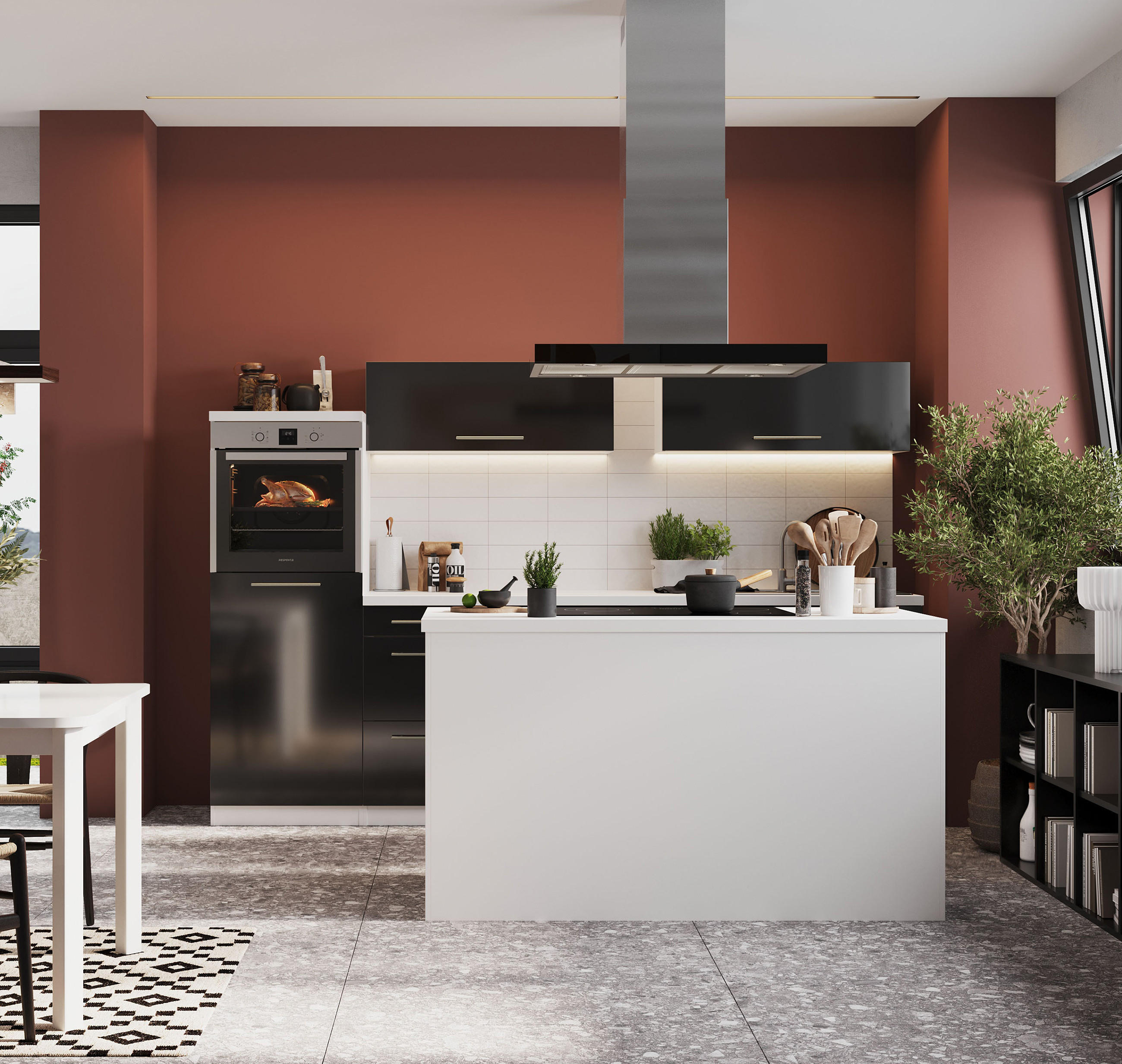 Moderne Küche in black and white vor roter Rückwand mit Kochinsel.