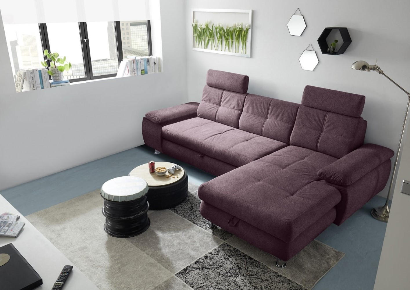 ECKSOFA mit Schlaffunktion und Bettkasten, Brego-Stoff - Chromfarben/Rot, Textil/Metall (177/274cm) - ed exciting design