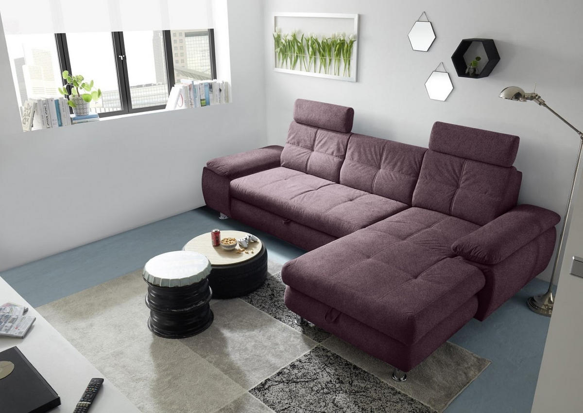 ECKSOFA mit Schlaffunktion und Bettkasten, Brego-Stoff - Chromfarben/Rot, Textil/Metall (177/274cm) - ed exciting design