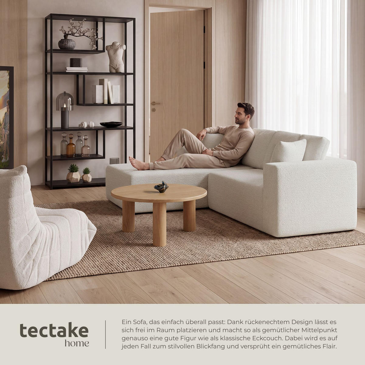 SOFA Relax, keine Montage, 250 cm Breite, Bouclé creme - Creme, Kunststoff/Textil (250/162cm) - tectake