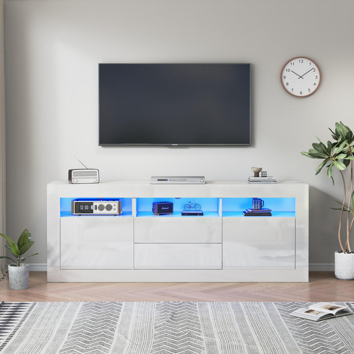 TV-SCHRANK 160x35cm Hochglanz LED-Beleuchtung 3 Fächer 2 Türen 2 Schubladen - Weiß, Holz (44/22.5/70cm) - FLIEKS