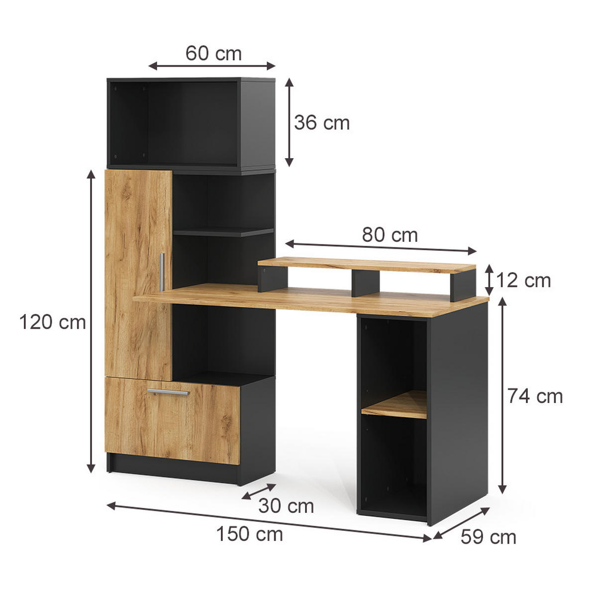 SCHREIBTISCH Tomy, Anthrazit/Goldkraft Eiche, 150 x 59 cm 4er Set - Honigeiche/Anthrazit, Holzwerkstoff (59/150/120cm) - Vicco