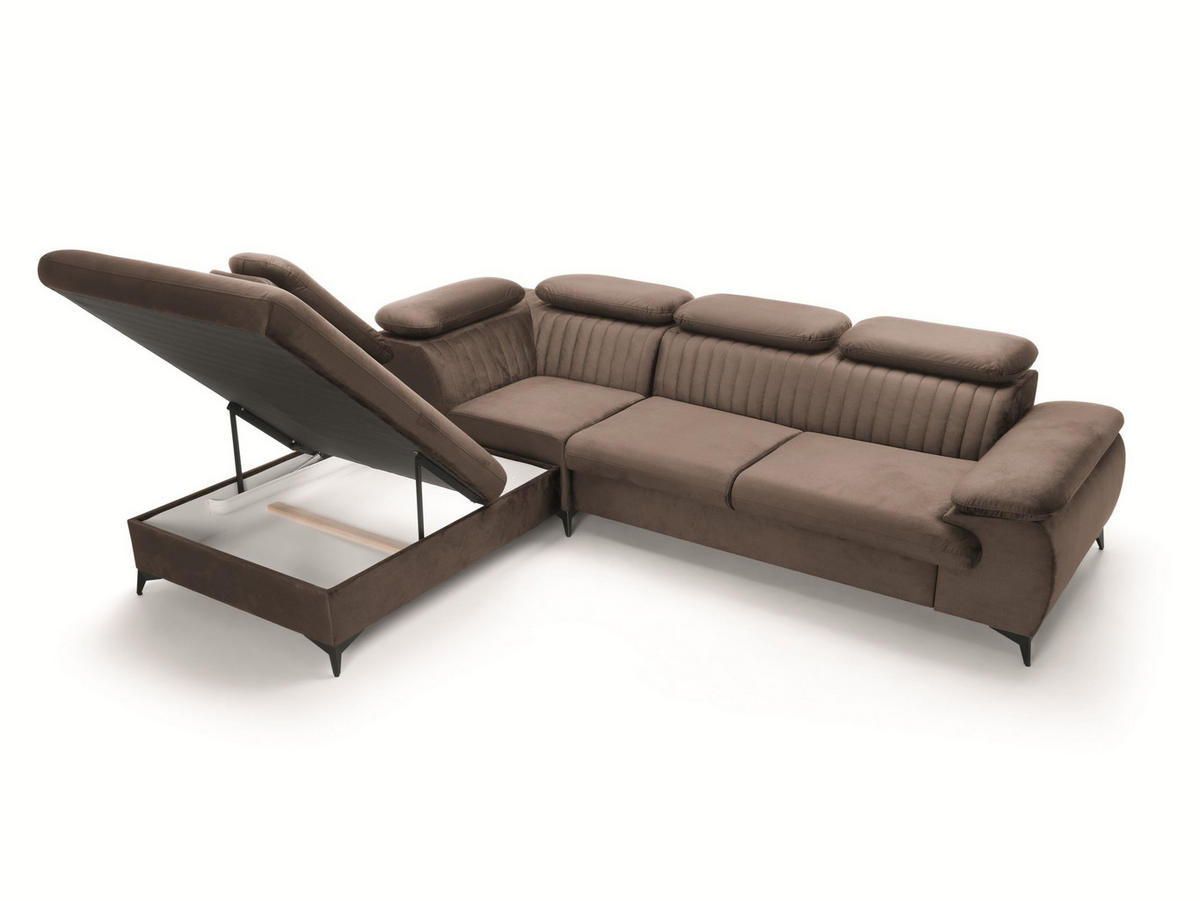 ECKSOFA FIORE Braun Velours-Stoff mit Schlaffunktion - Braun, Holz (275/221cm) - MASSENO