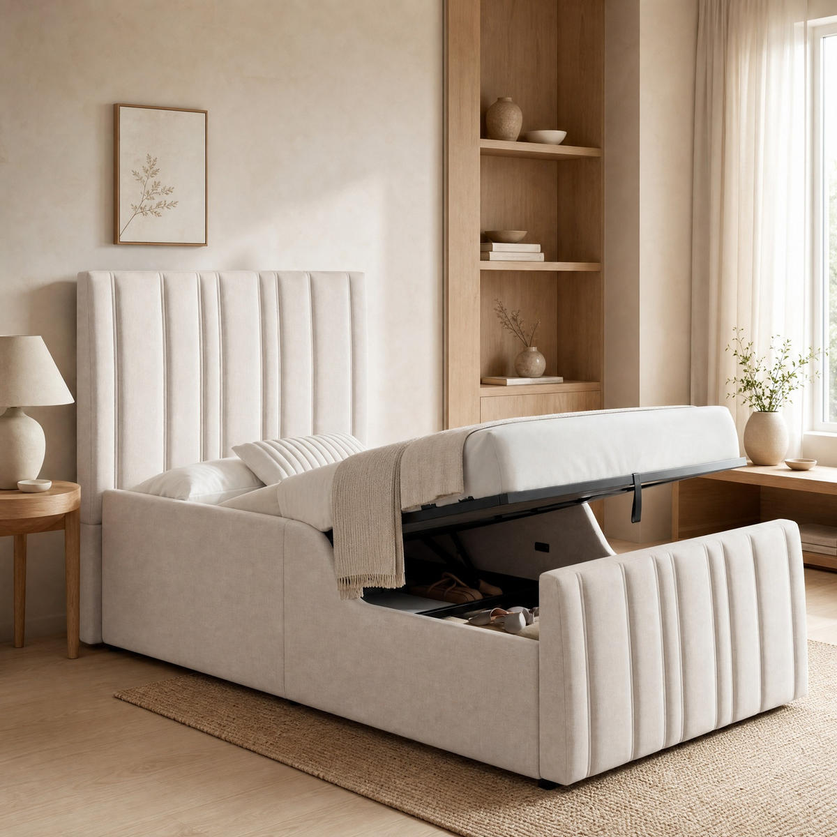 POLSTERBETT 90/200 mit Bettkasten, hydraulischem Stauraum und gepolstertem Kopfteil in Beige - Beige, Holzwerkstoff/Textil (90/200cm) - EVRYAE