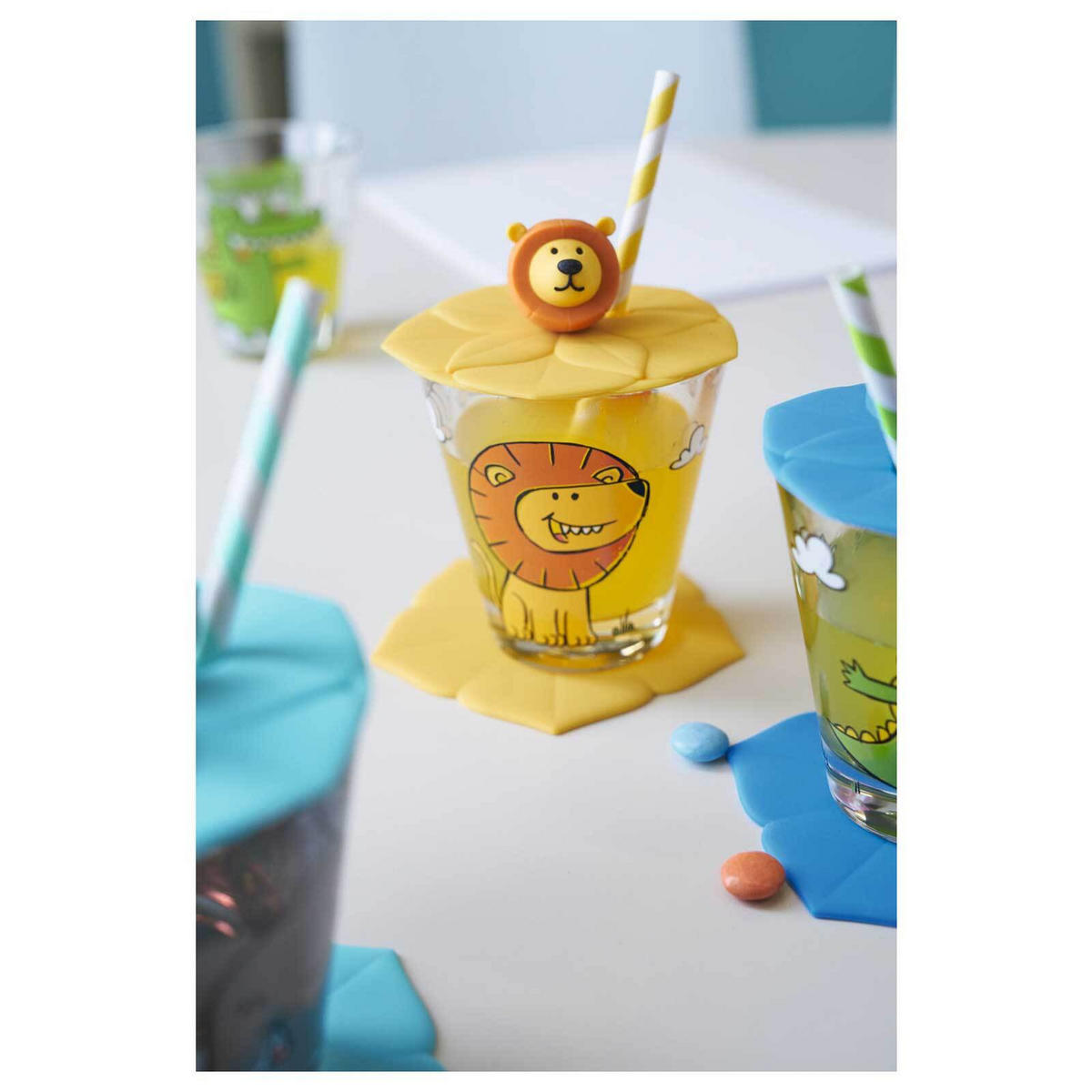 KINDERBECHER MIT DECKEL Bambini Löwe & Panda 215 ml 2er Set - Gelb/Grau, Kunststoff (0.215L) - Leonardo Living