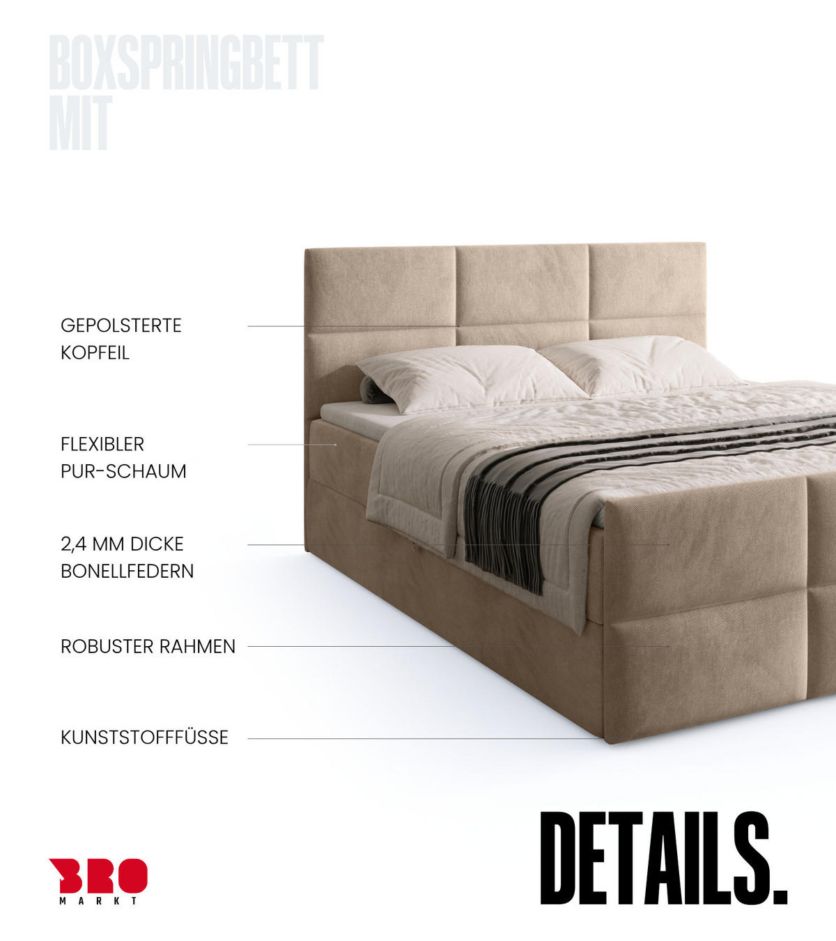 BOXSPRINGBETT Boston Duo Mit Bettkasten, Topper und Matratze Creme Paros 02 140x200 cm - Creme/Schwarz, Textil (140/200cm) - Bromarkt