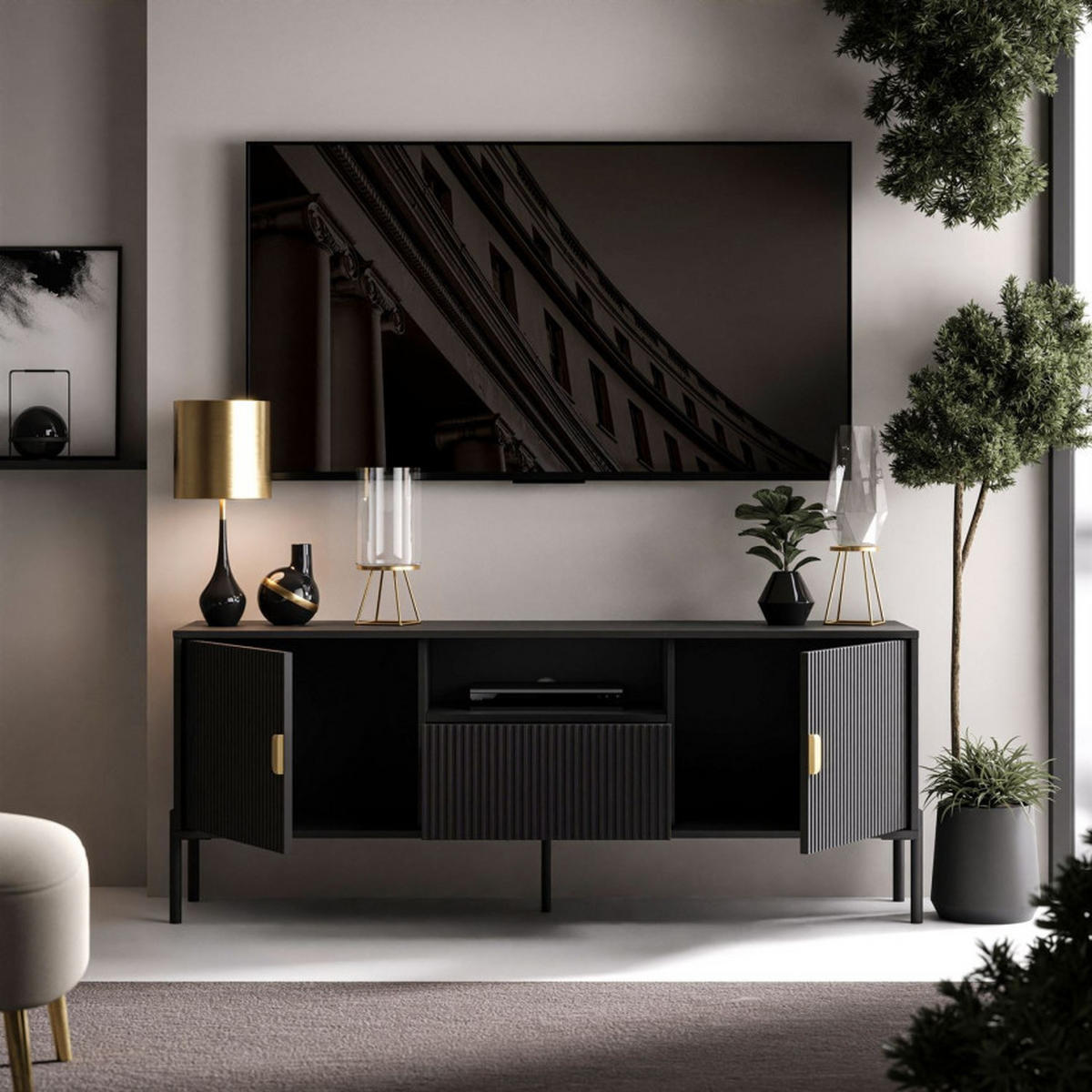 TV Rack DALIA 155 cm - Goldfarben/Schwarz, Holzwerkstoff (155/58/40cm) - Lookway