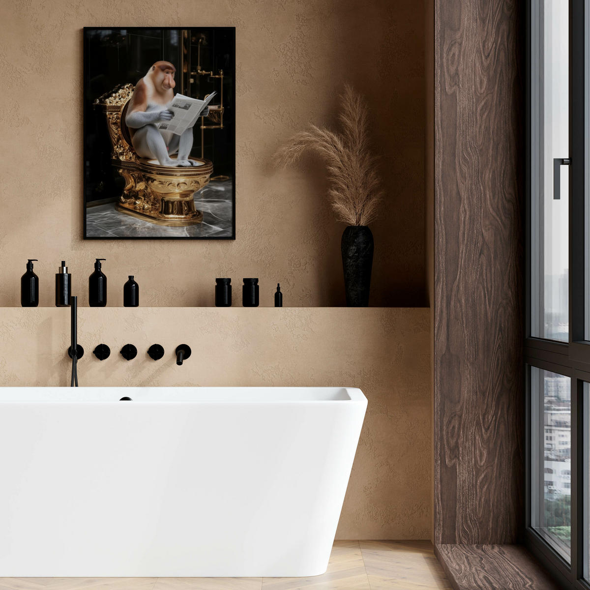 POSTER für WC Badezimmer NASENAFFE mit einer Zeitung Goldene Toilette Abstraktion 20x30cm - Gelb/Schwarz, Papier (20/30/30cm) - Muralo