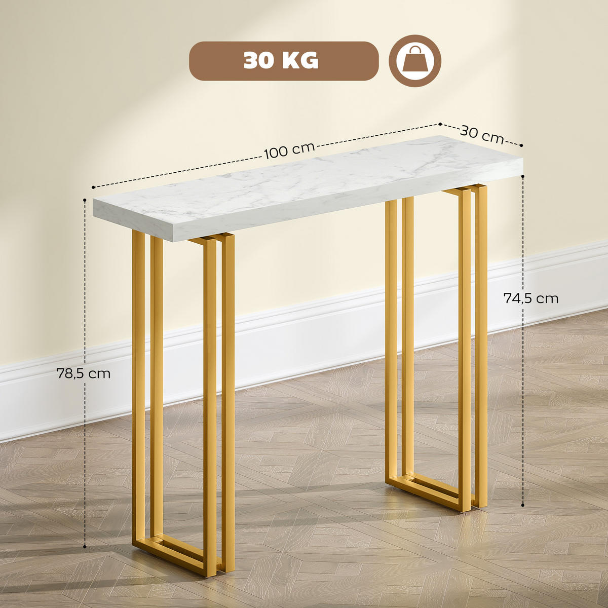 KONSOLENTISCH DE-16814 Marmoroptik mit Goldgestell Weiß - Weiß, Metall (100/30/78.5cm) - ComfortXL