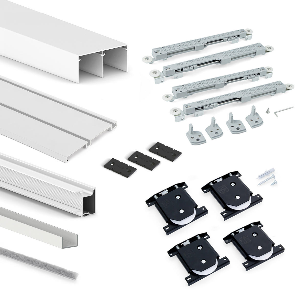 HARDWARE SET für Placard 74 2-Schiebe-Kleiderschrank mit sanftem Schliessen, Griff-Modell Sharp, Stärke 19mm, ohne Paneele, Weiß metallic - Weiß, Metall (3.4/8/235cm) - EMUCA