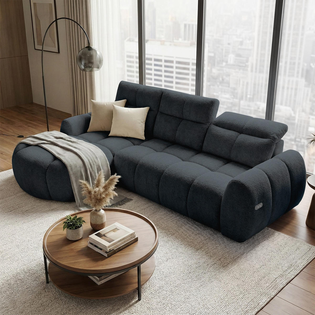 ECKSOFA Sorel Mini mit Automatisch verstellbarer Sitztiefe und Kopfstützen, links, Schwarz - Schwarz, Textil (190/275cm) - Beautysofa