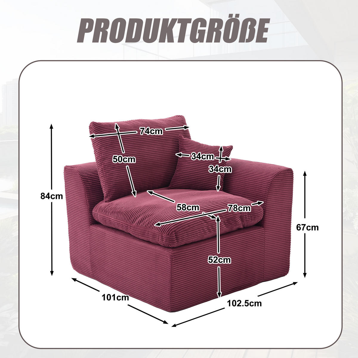 SESSEL Cord-Sofa mit Federkern-Polsterung und Kissen, Montagefrei - Dunkelrot, Textil (101/84/102cm) - Urban Meuble