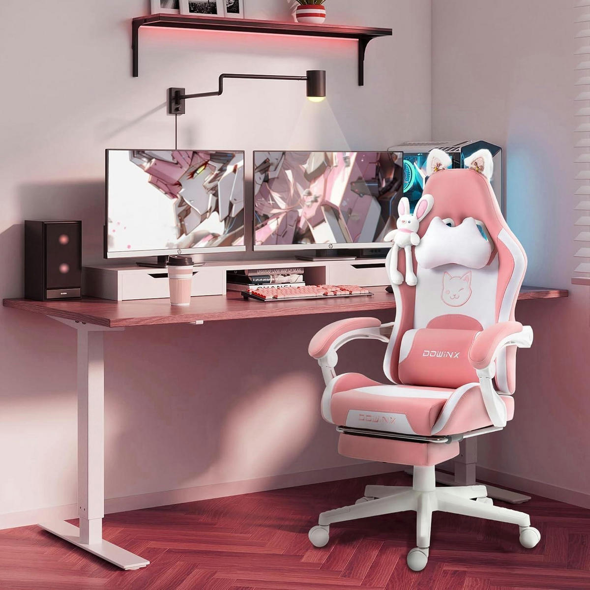 GAMING-STUHL mit Katzenmotiv Rosa mit Fußstütze - Rosa, Kunststoff (57/135/76cm)