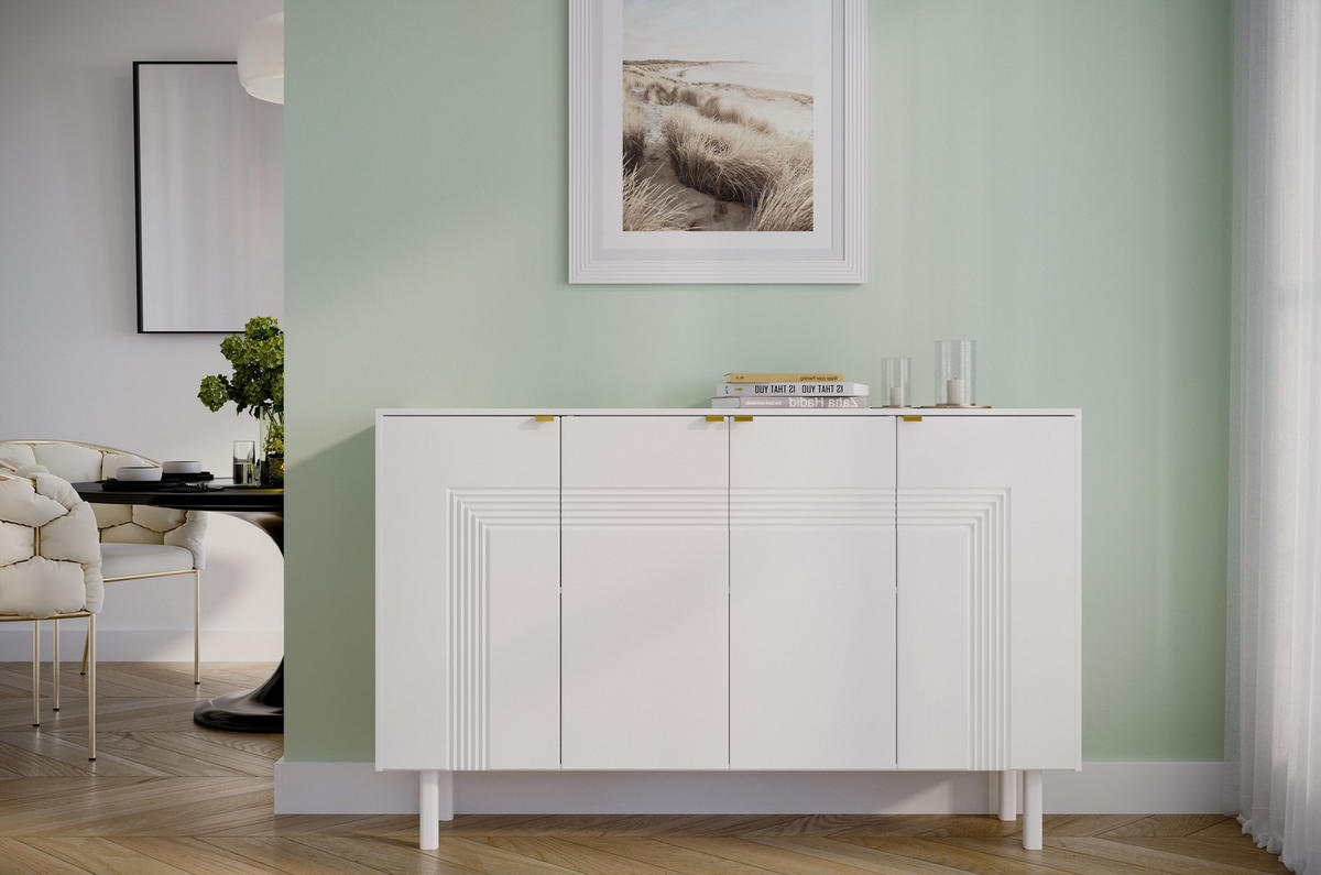 SIDEBOARD Yoko, Weiß, Mit Dekorativen Fronten Und Goldgriffen - Weiß, Holzwerkstoff/Buchenholz (156/99/40cm) - Dancan