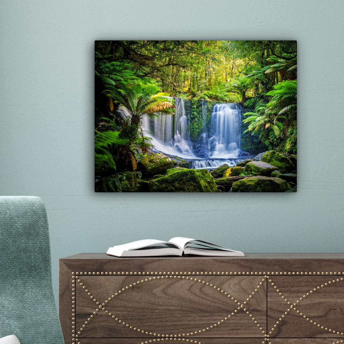 LEINWANDBILD Dschungel - Wasserfall - Australien - Pflanzen - Natur 40x30 cm - Dunkelgrün, Textil (40/30cm) - MuchoWow