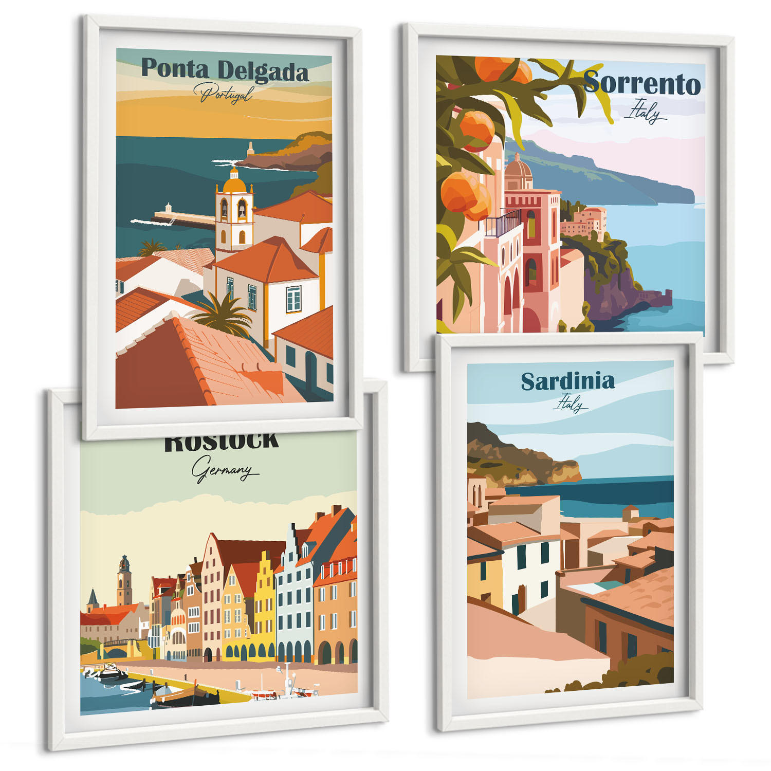 BILDER SET 4er Set - 50x50 cm & 40x60 cm Weißer Rahmen - Ansichten europäischer Häfen - Weiß, Kunststoff (50/50cm) - TULUP