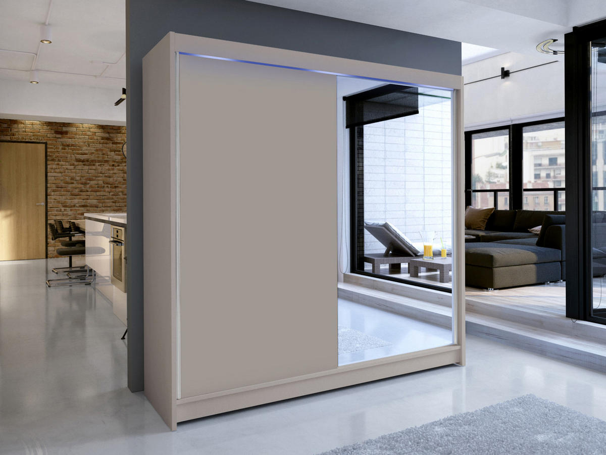 SCHWEBETÜRENSCHRANK Talin I, mit RGB LED Beleuchtung - Kaschmir/Silberfarben, Holzwerkstoff/Metall (180/215/58cm) - MIRJAN24