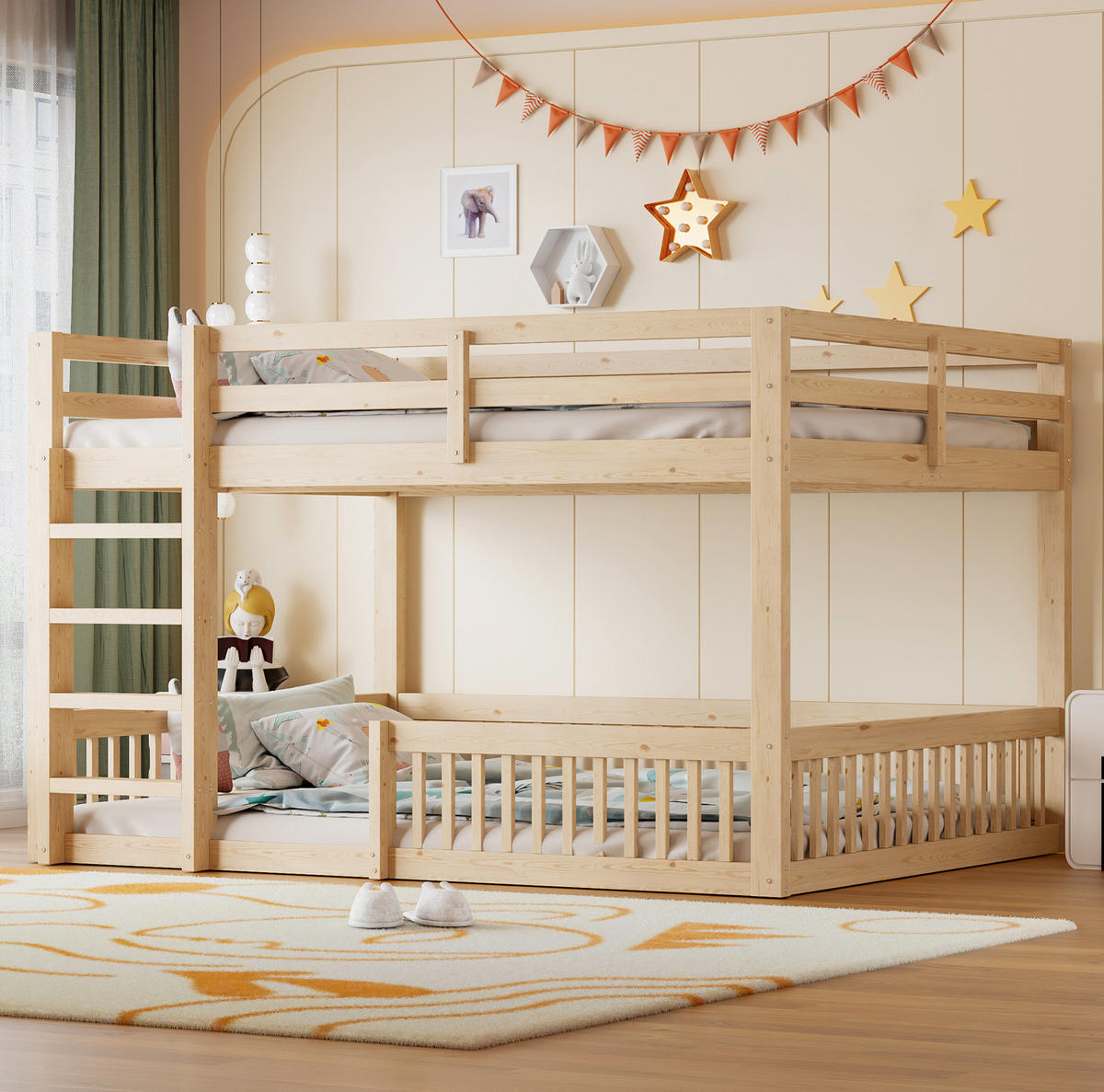ETAGENBETT 160/200 cm aus Kiefernholz und MDF mit Geländern, Natur - Naturfarben, Holzwerkstoff (160/200cm) - OKMYHOME