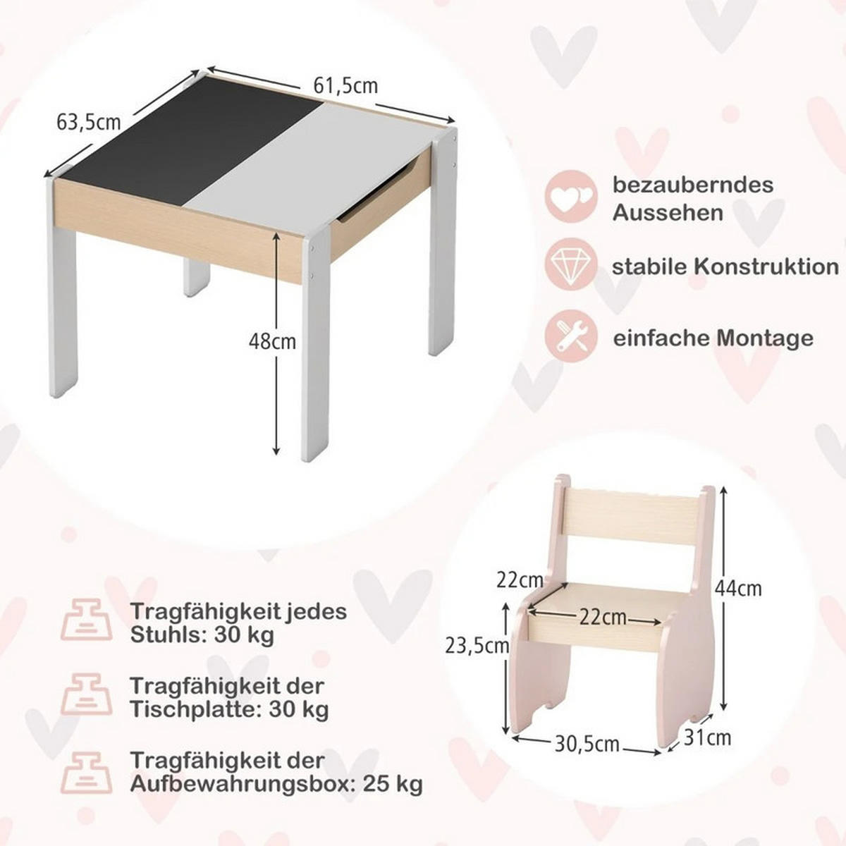KINDERTISCH mit Stuhl rosa(3-tlg) - Pink, Holzwerkstoff (63.5/48/61.5cm) - COSTWAY