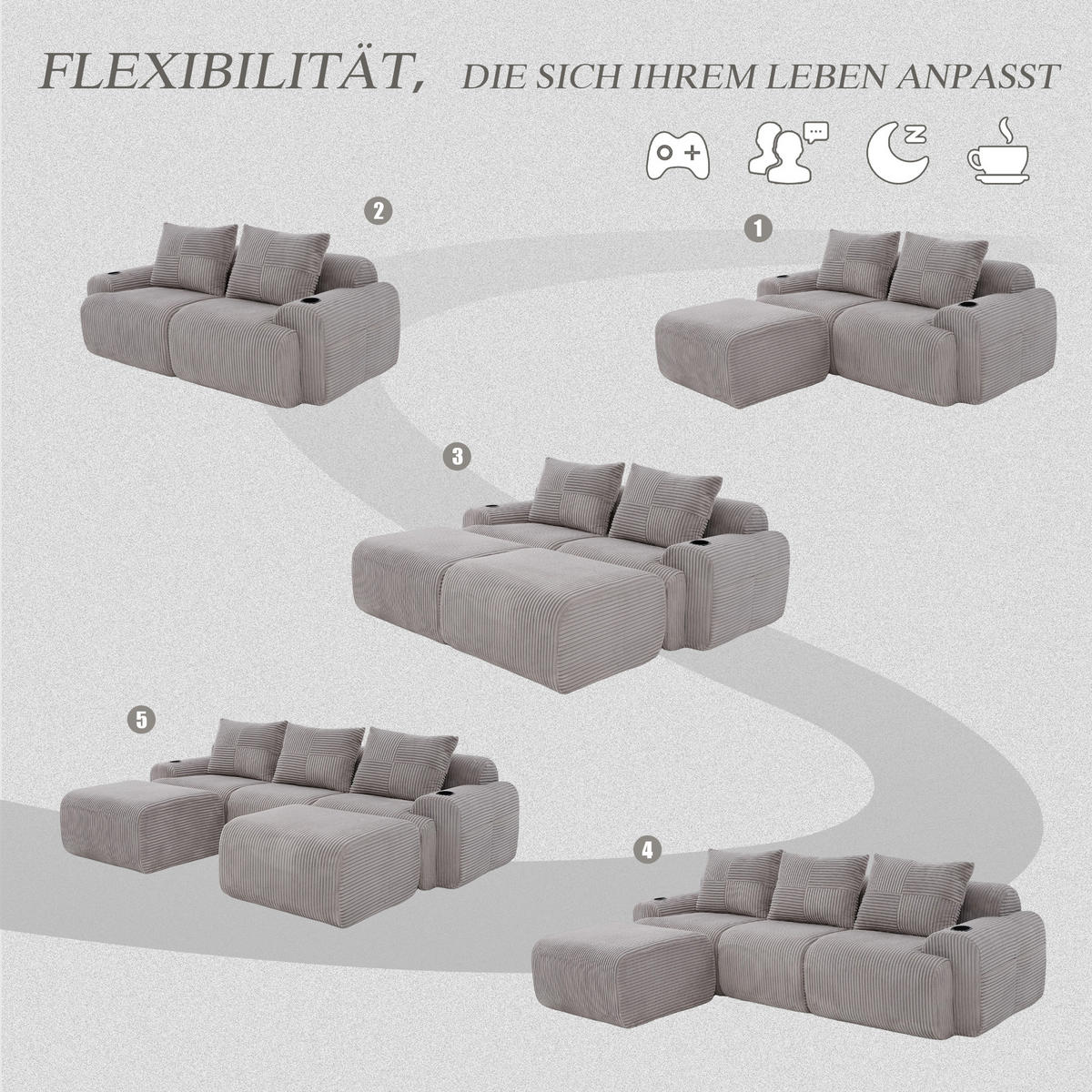 3-SITZER Wohnlandschaft Cord mit 2 Hockern und Getränkehalter 268/174/80 cm Hellgrau - Hellgrau, Textil (174/80/268cm) - Redom