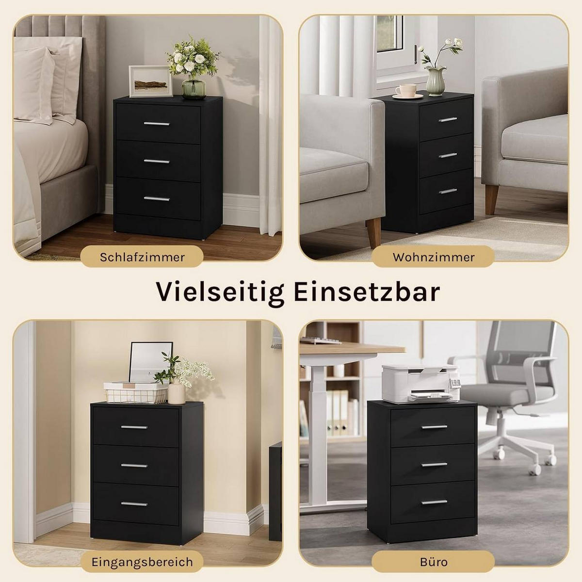 NACHTTISCH 2er Set, 39x54x28 cm, Schwarz - Schwarz, Holzwerkstoff (39/54/28cm) - Woltu