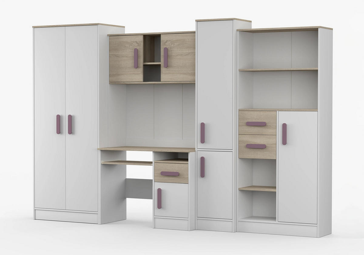 JUGENDZIMMER Wohnwand Colorino in Weiß und Eiche Sonoma – mit Erikafarbenen Griffen 5 teilig - Kinderzimmer Komplett - Weiß, Holzwerkstoff (80/200/120cm)