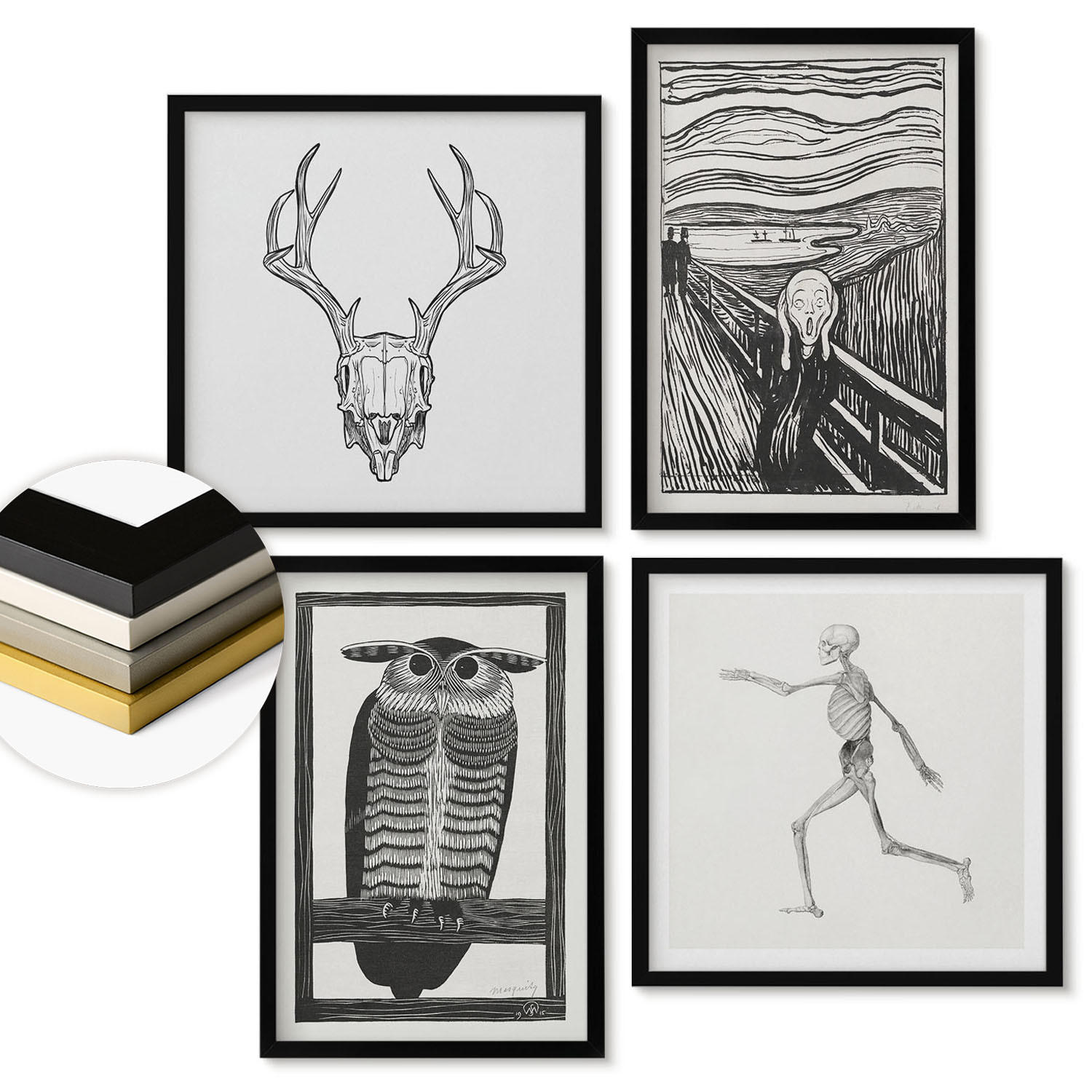 WANDBILDER 4er-Set - 50x50 cm & 40x60 cm Schwarzer Rahmen - Inspiration Schrei Schädel Eule - Schwarz, Kunststoff (50/50cm) - ArtPrintCave