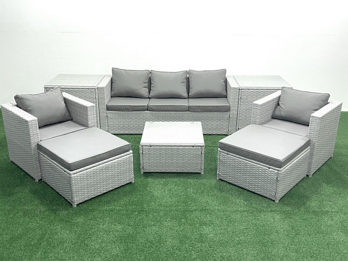 GARTENMÖBEL-SET mit Kissen Polyrattan Hellgrau-Mix 7-Sitzer - Hellgrau/Grau, Glas/Kunststoff - Fimous