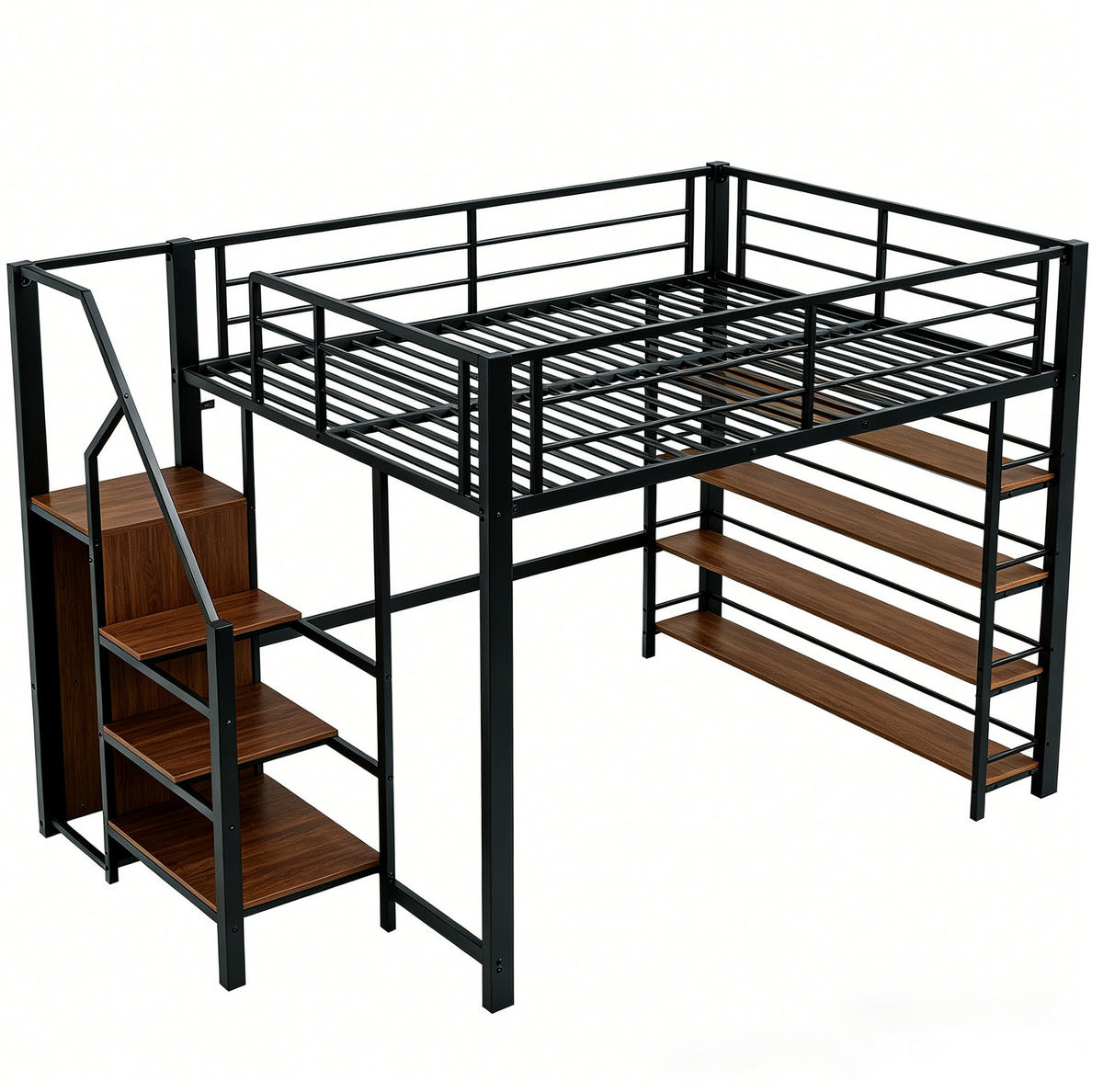 HOCHBETT 140/200 cm aus Metall mit Stauraumtreppe und Kleiderschrank, Schwarz - Schwarz, Metall (140/200cm) - OKMYHOME