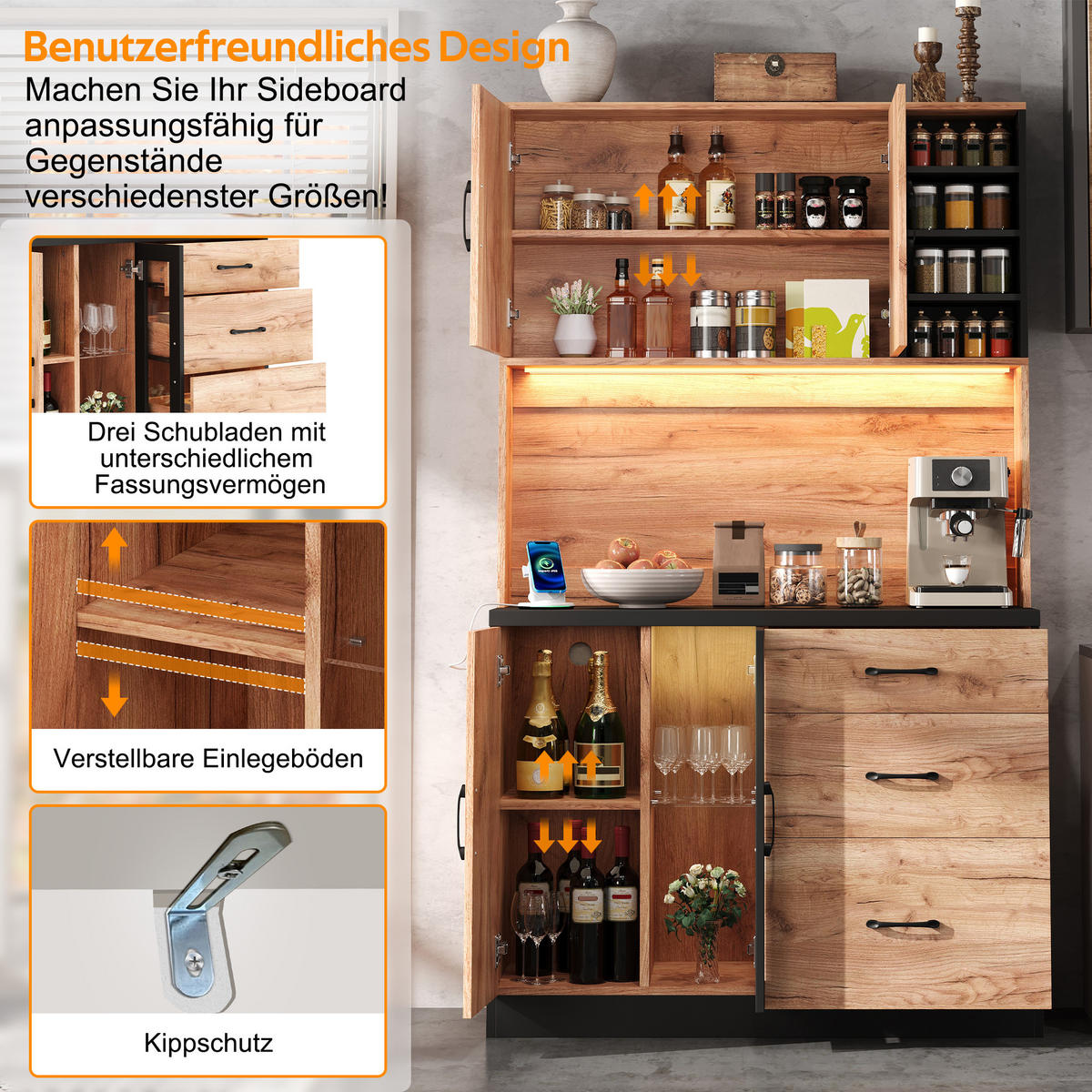 BUFFET 105/40/180 cm Neutral mit LED-Beleuchtung, verstellbaren Einlegeböden und 3 Schubladen - Naturfarben, Holz (105/180/40cm) - Oxeza