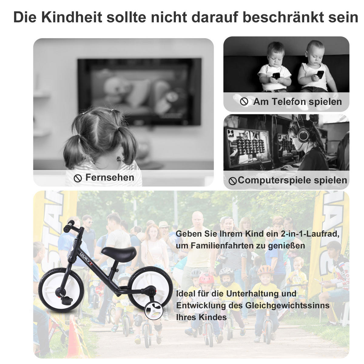 KINDER Laufrad Kinderfahrrad Stützräder Pedale 2-in-1 2-5 Jahre Kunststoff - Schwarz, Kunststoff (85/36/54cm) - HOMCOM