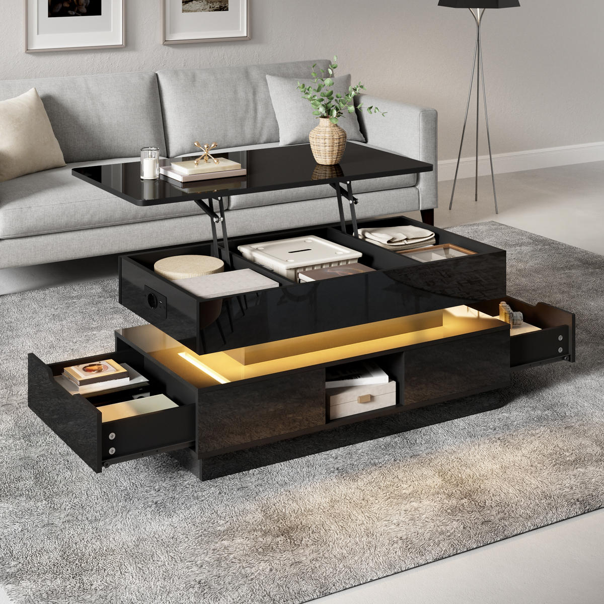 COUCHTISCH Schwarz 90/48/42,5 cm mit LED-Beleuchtung und Hubfunktion - Schwarz, Holzwerkstoff (48/90/42.5cm) - PANGIVO