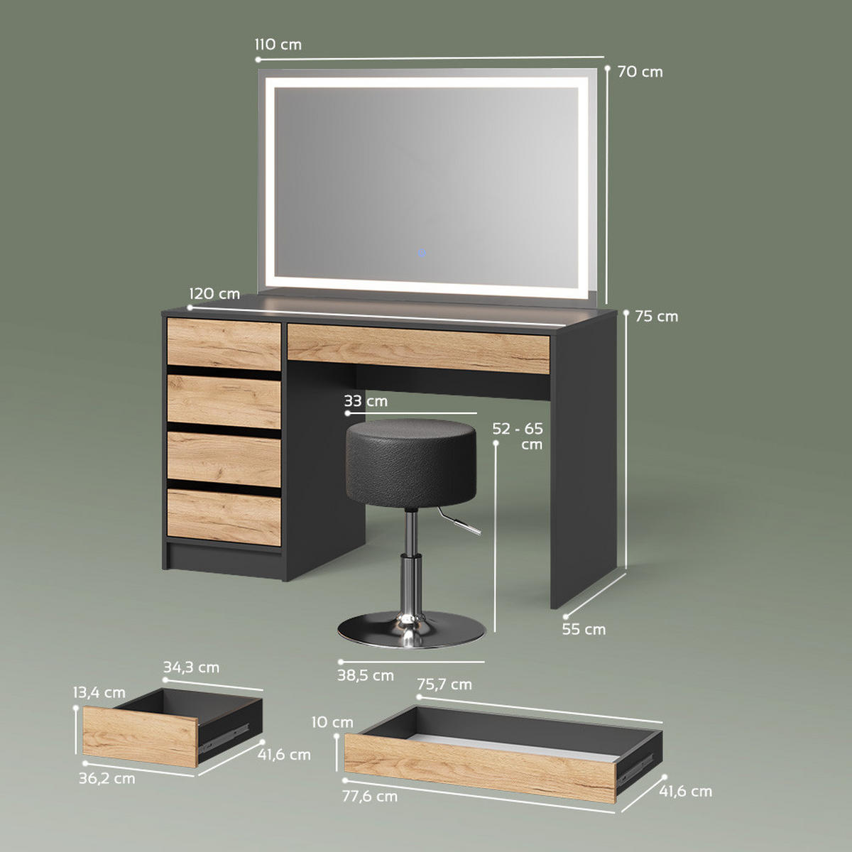 SCHMINKTISCH Imola Anthrazit/Goldkraft Eiche mit LED-Spiegel und Hocker - Anthrazit/Eiche Wotan, Holzwerkstoff (120/75/55cm) - Livinity®