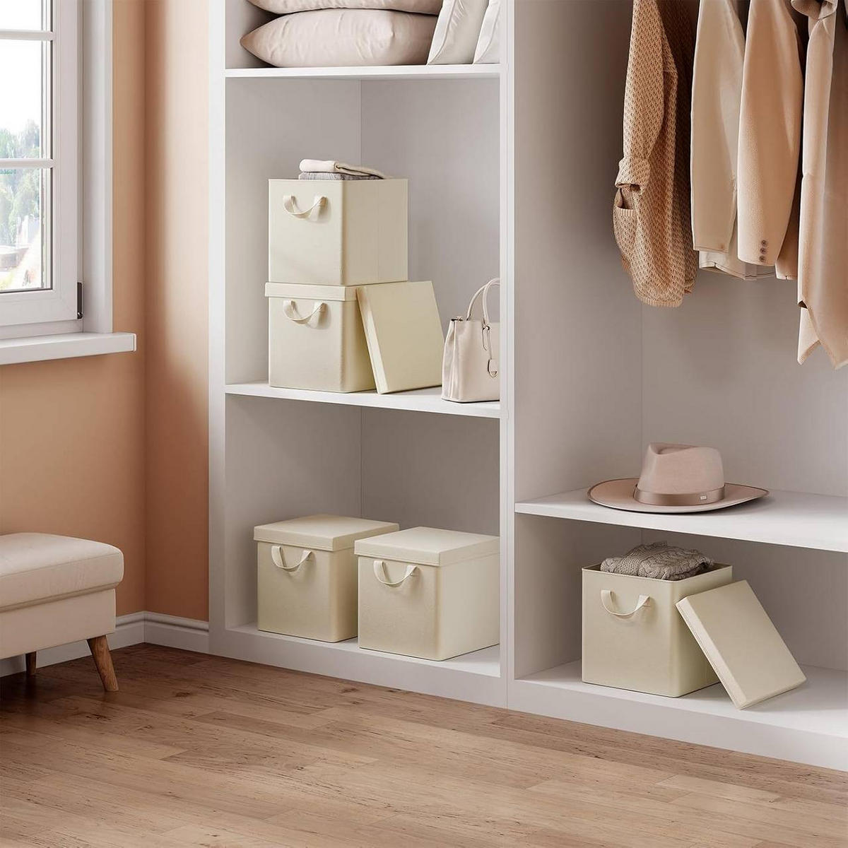 BOX 3 Stück, faltbar, mit Deckel, Creme, 20L - Creme, Leder/Kunststoff (27/27/27cm) - Woltu