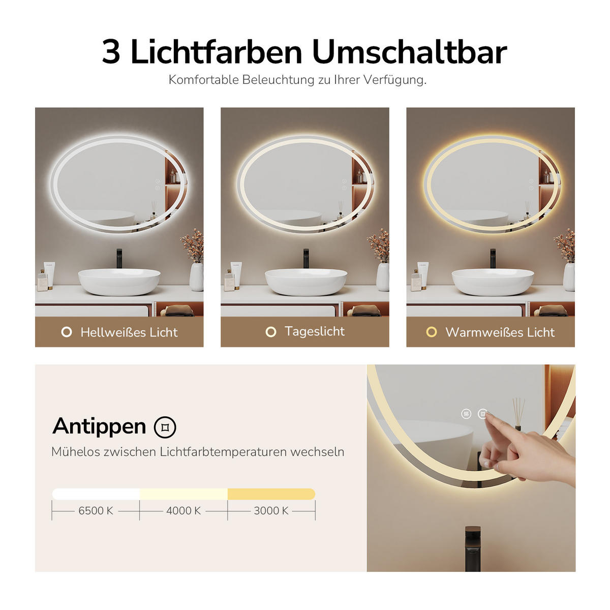 BADRUMSSPEGEL med LED-belysning, oval, 70/50/3 cm - Transparent, Glas (50/70/3cm) - EMKE