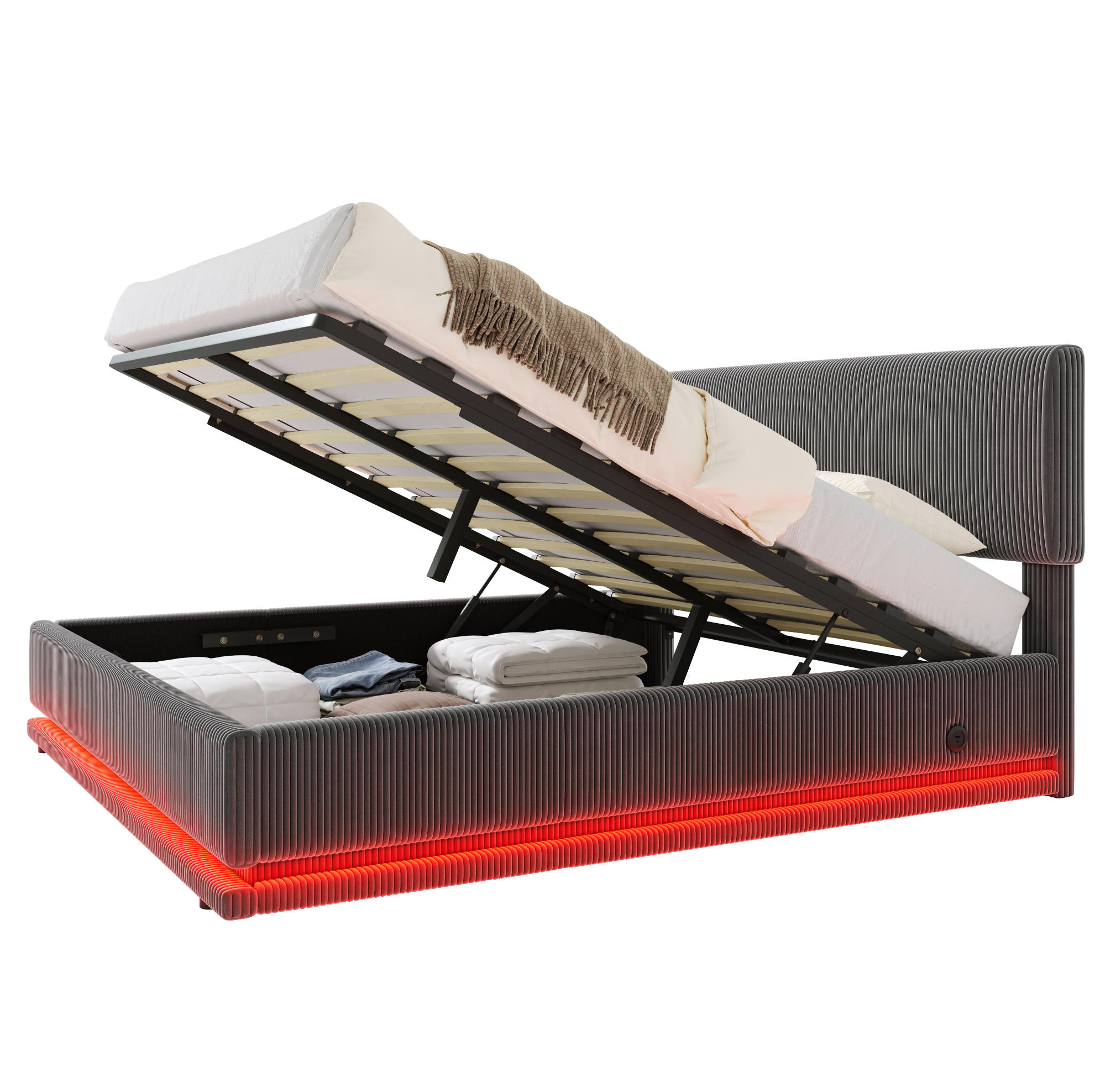 POLSTERBETT 160/200 cm mit LED-Beleuchtung, USB-C-Anschluss und Bettkasten, Dunkelgrau - Dunkelgrau, Textil (160/200cm) - Redom