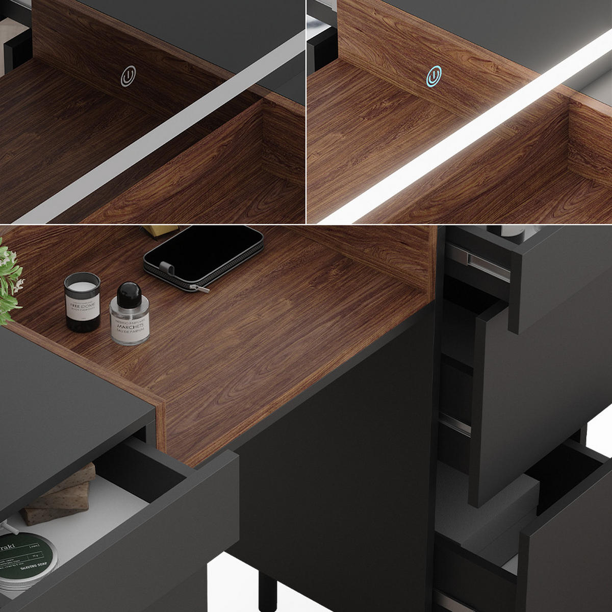 SCHMINKTISCH Anika Anthrazit 120 cm mit LED-Spiegel - Anthrazit/Walnussfarben, Holzwerkstoff (120/80/40cm) - Vicco