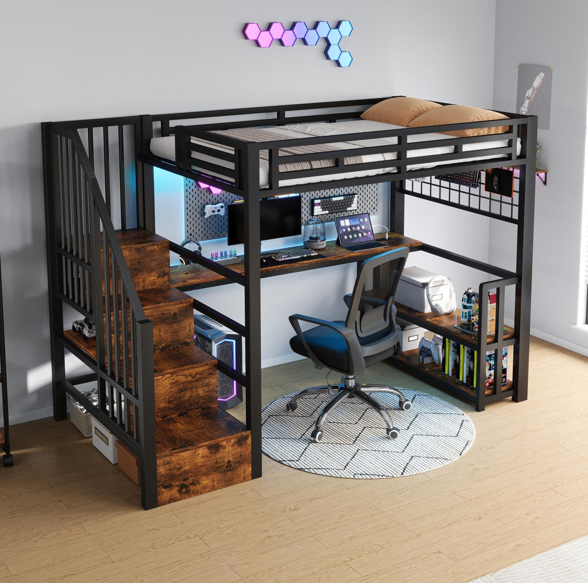HOCHBETT 90/200 cm aus Metall mit Schreibtisch, Stauraumtreppe und LED Schwarz - Schwarz, Metall (90/200cm) - Modenvie