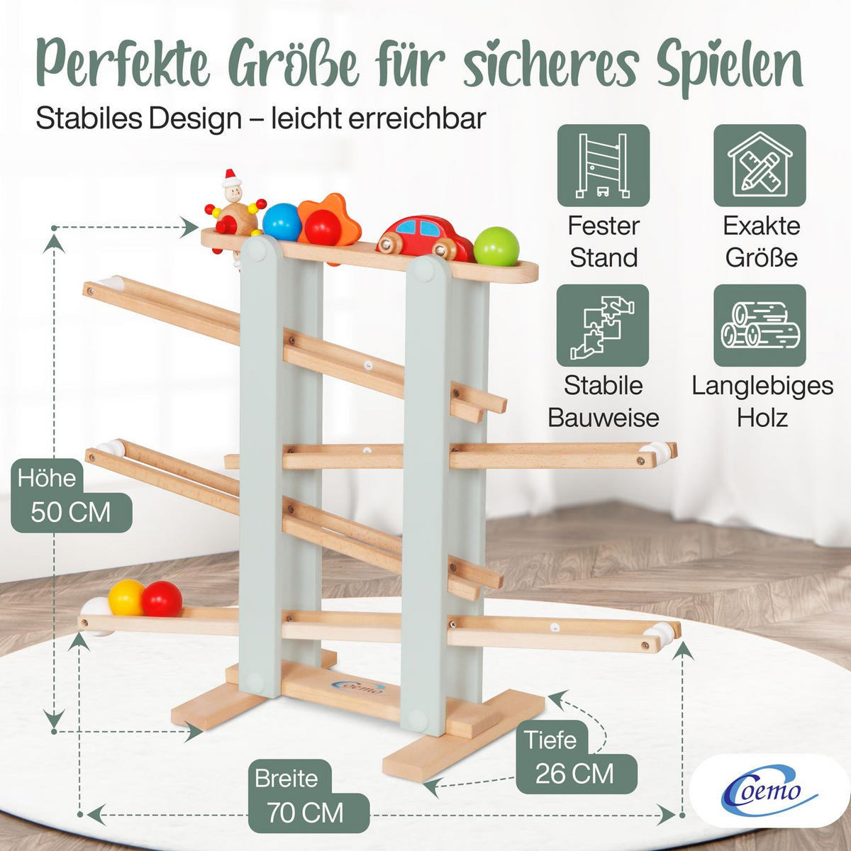KUGELBAHN L Holz Grün mit 7 Roll Elementen - Grün, Holz (26/70cm) - Coemo