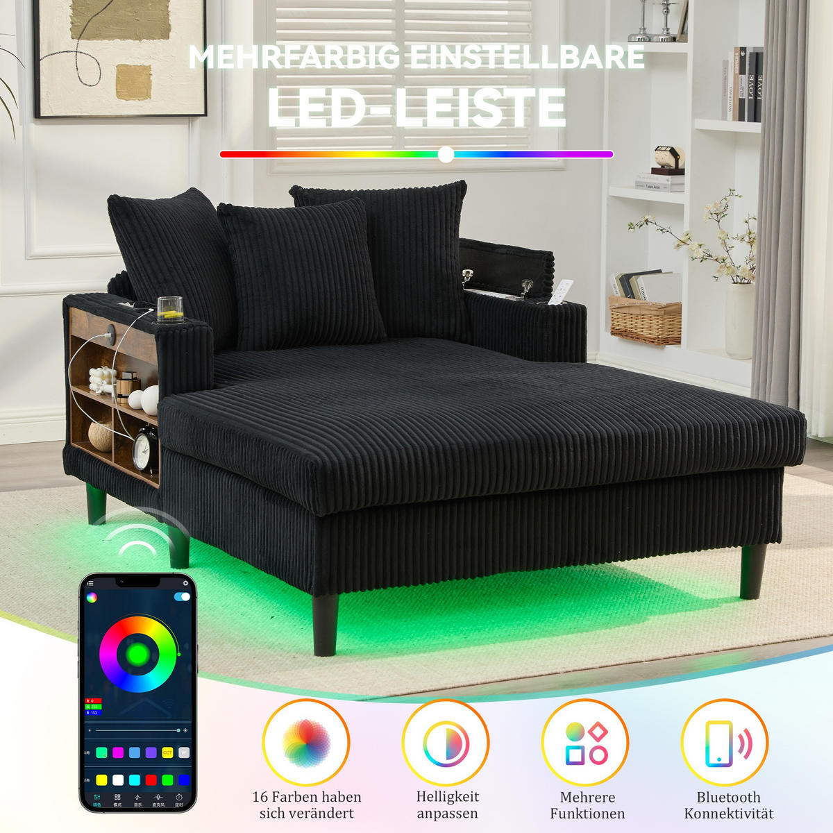 RELAXLIEGE XXL Polsterliege,Relaxsessel,Cord,Schwarz - Schwarz, Textil (129/70/170cm) - LVHOM