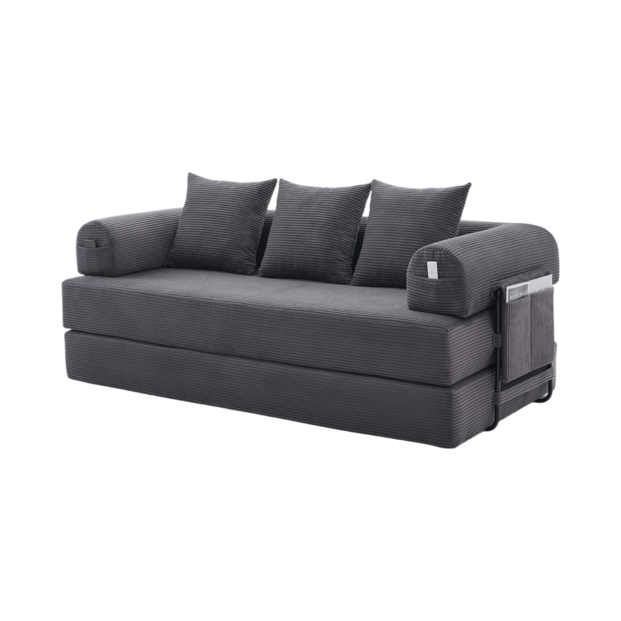 SCHLAFSOFA DE-33705 mit 3 Kissen und Seitentasche Dunkelgrau - Dunkelgrau, Textil (200/67/94cm) - ComfortXL