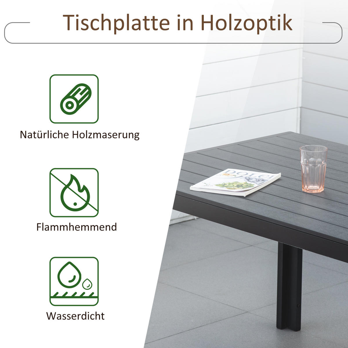 GARTENTISCH 190/84,5/72 cm mit wetterfester Tischplatte und Aluminiumgestell in Holzoptik, Schwarz - Schwarz, Metall (190/84.5/72cm) - Redom