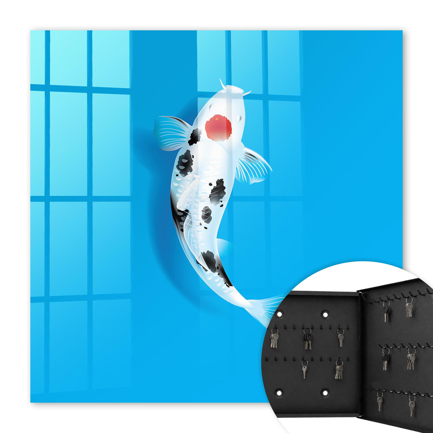 SCHLÜSSELBOX Schwarz 30x30 cm- Türöffnung nach rechts - Koi-Karpfen - Blau, Metall (30/30/5cm) - TULUP