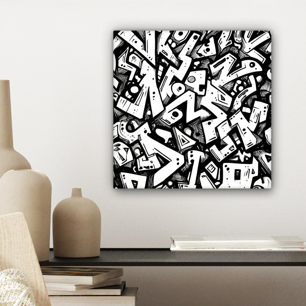 LEINWANDBILD Formen - Buchstaben - Graffiti - Schwarz Deko Wohnzimmer 20x20 cm - Schwarz, Textil (20/20cm) - MuchoWow