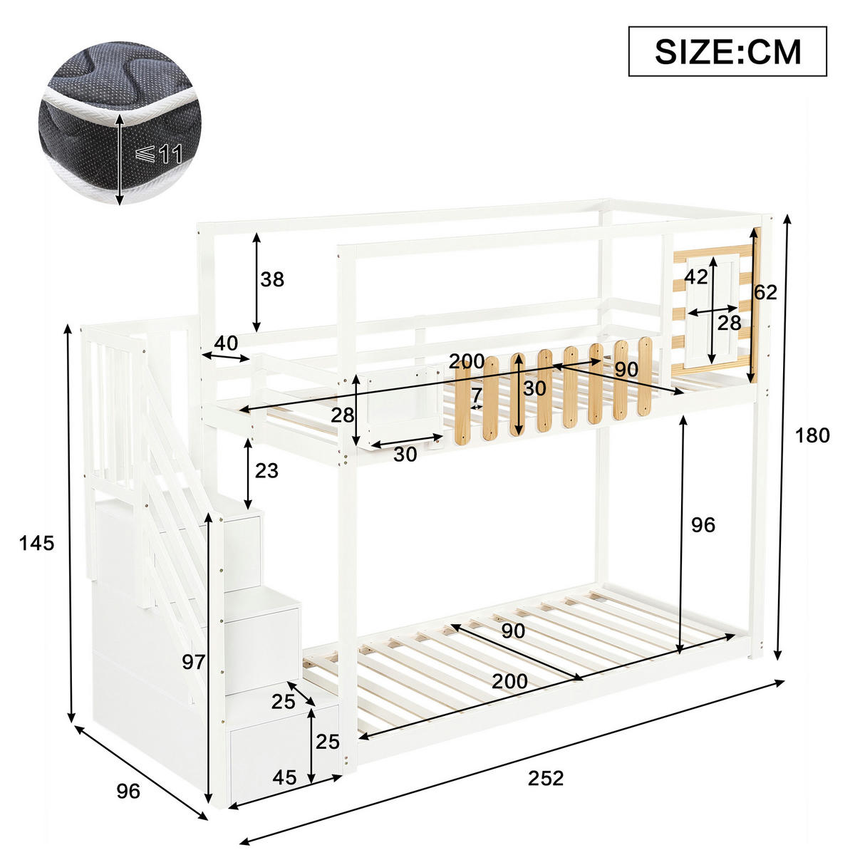 ETAGENBETT 90/200 cm Weiß/Natur mit Treppe, Stauraum und Fensterdesign - Weiß, Holzwerkstoff (90/200cm) - Flora Grace