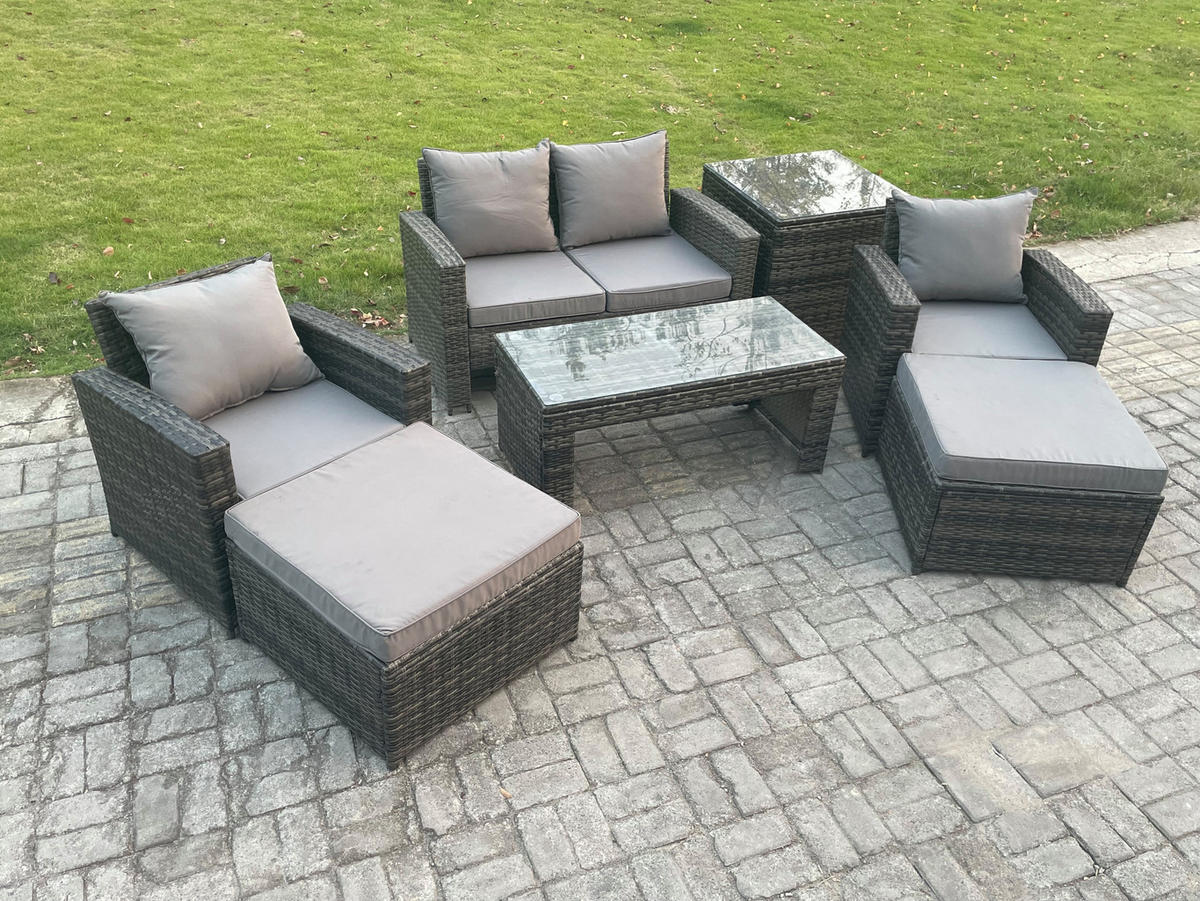 GARTEN LOUNGE SET MIT RECHTECKIGEM COUCHTISCH STUHL 2 HOCKER BEISTELLTISCH Polyrattan Dunkelgrau Gemischt - Dunkelgrau, Metall - Fimous